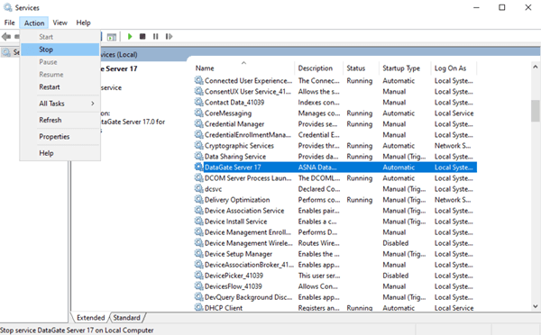Stopping the DataGate services with the Services panel